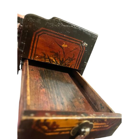 Antique Chinese Carved Red Lacquered Box with Lid & Side Drawer Signed on Bottom - Picture 12 of 12